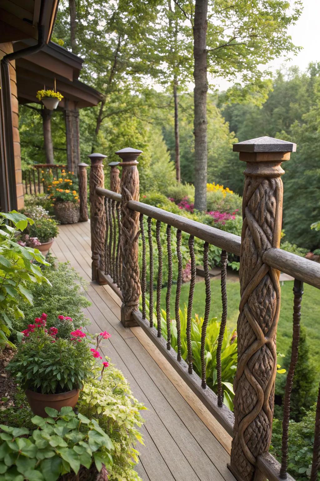 Nature-inspired spindles create a harmonious deck environment.