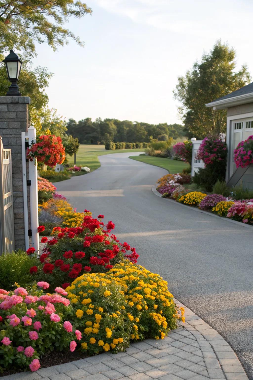 Brighten your driveway with colorful flower beds.