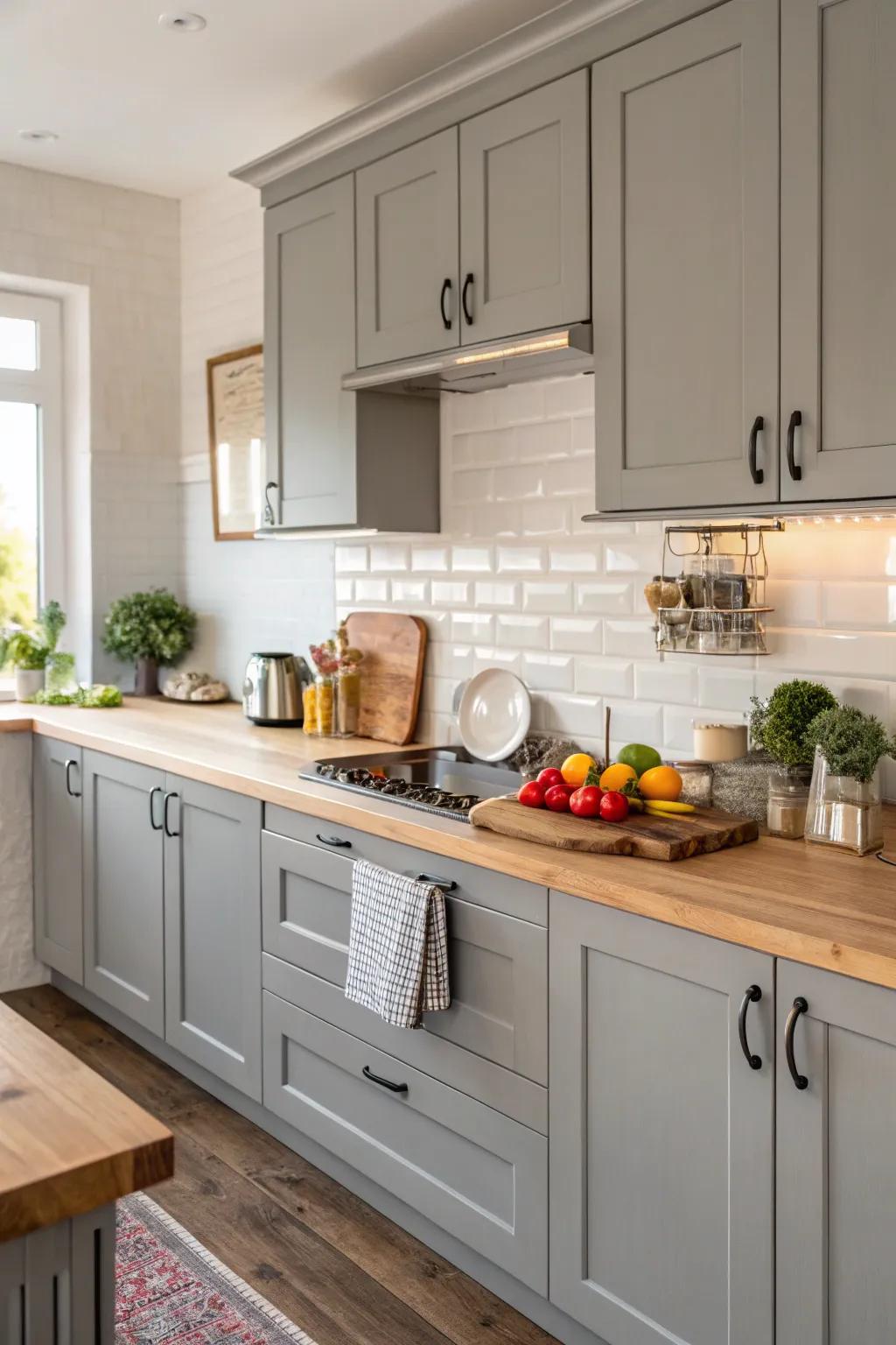 Butcher block countertops add warmth to gray cabinets in this kitchen.