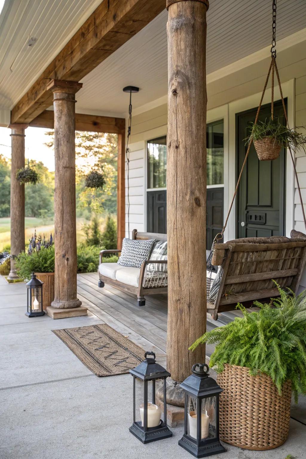 Natural wood columns bring warmth and character to a farmhouse porch.