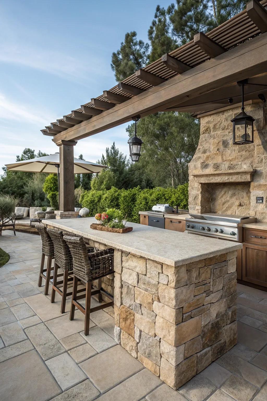 Textured outdoor kitchen with ashlar stone veneer.