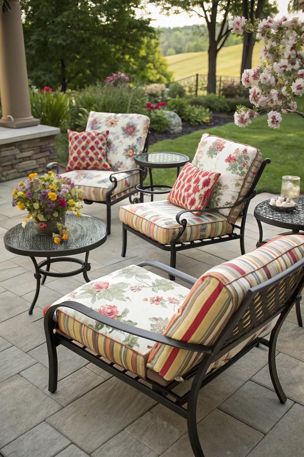 Mixing patterns like stripes and florals can elevate your patio style.