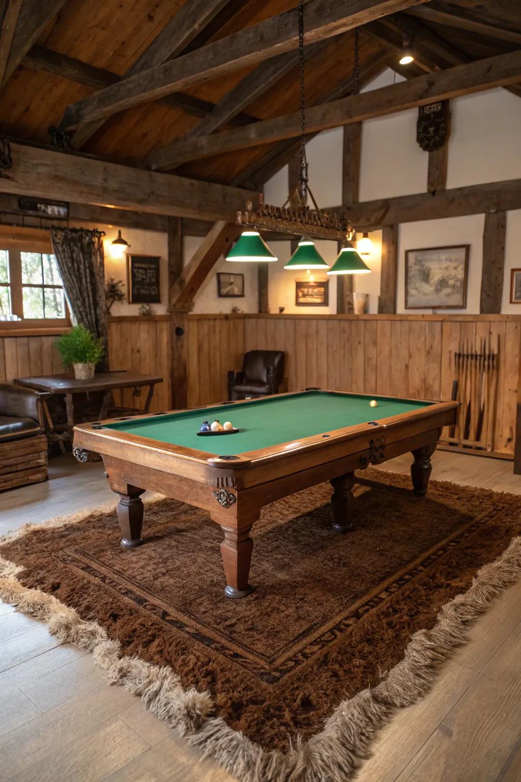 A chunky rug in earthy tones creates a warm, rustic ambiance.