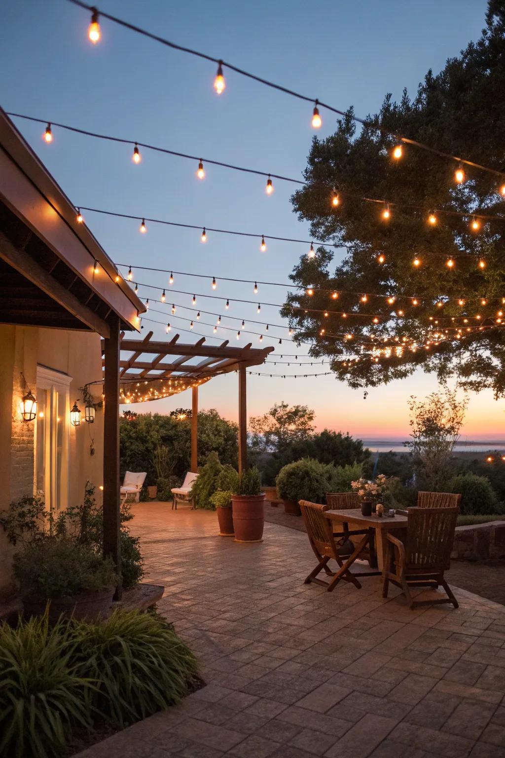 Magical lighting creating an enchanting patio atmosphere.