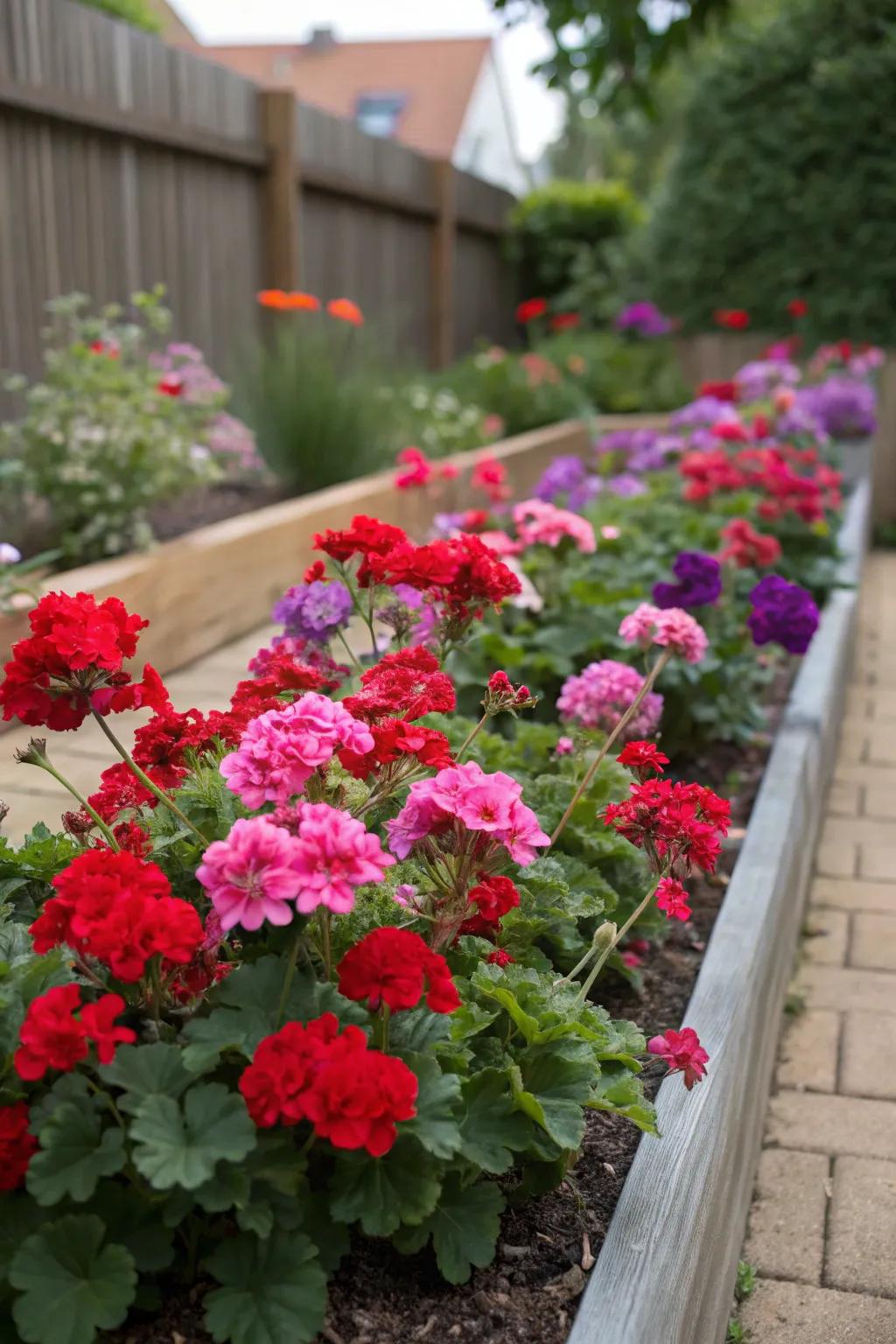 A colorful contrast of geraniums adds visual interest to the garden.