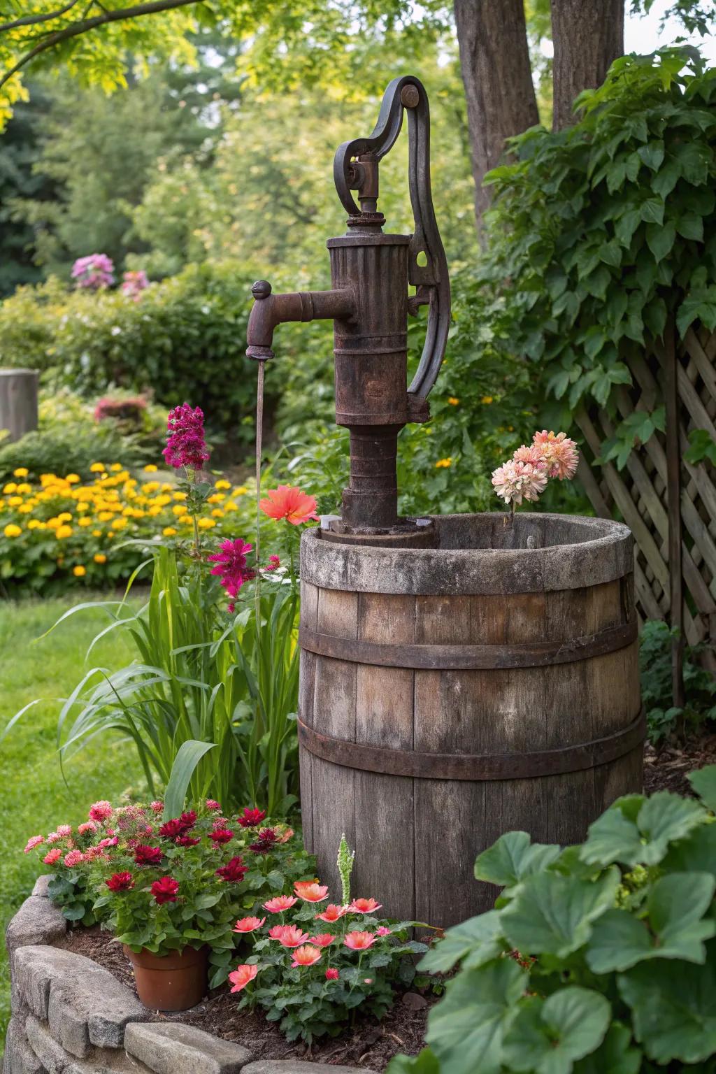 An antique water pump on a wooden barrel, creating a rustic garden centerpiece.