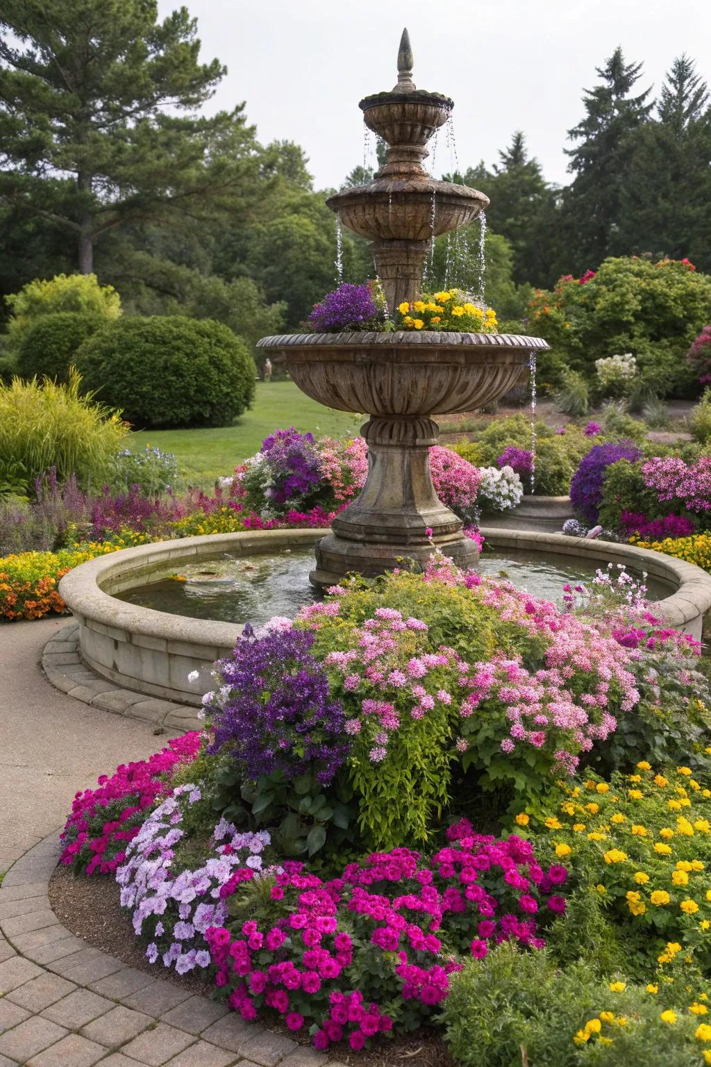 A layered display of flowers encircling a garden fountain.