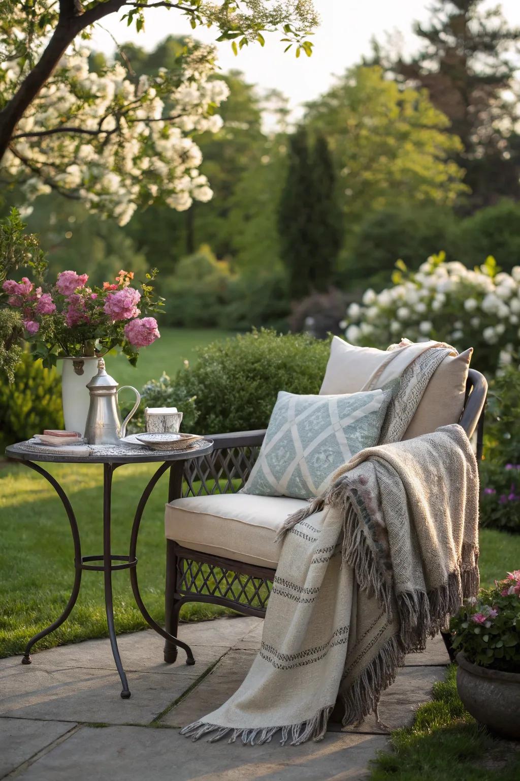 Throws and cushions make your outdoor space inviting.