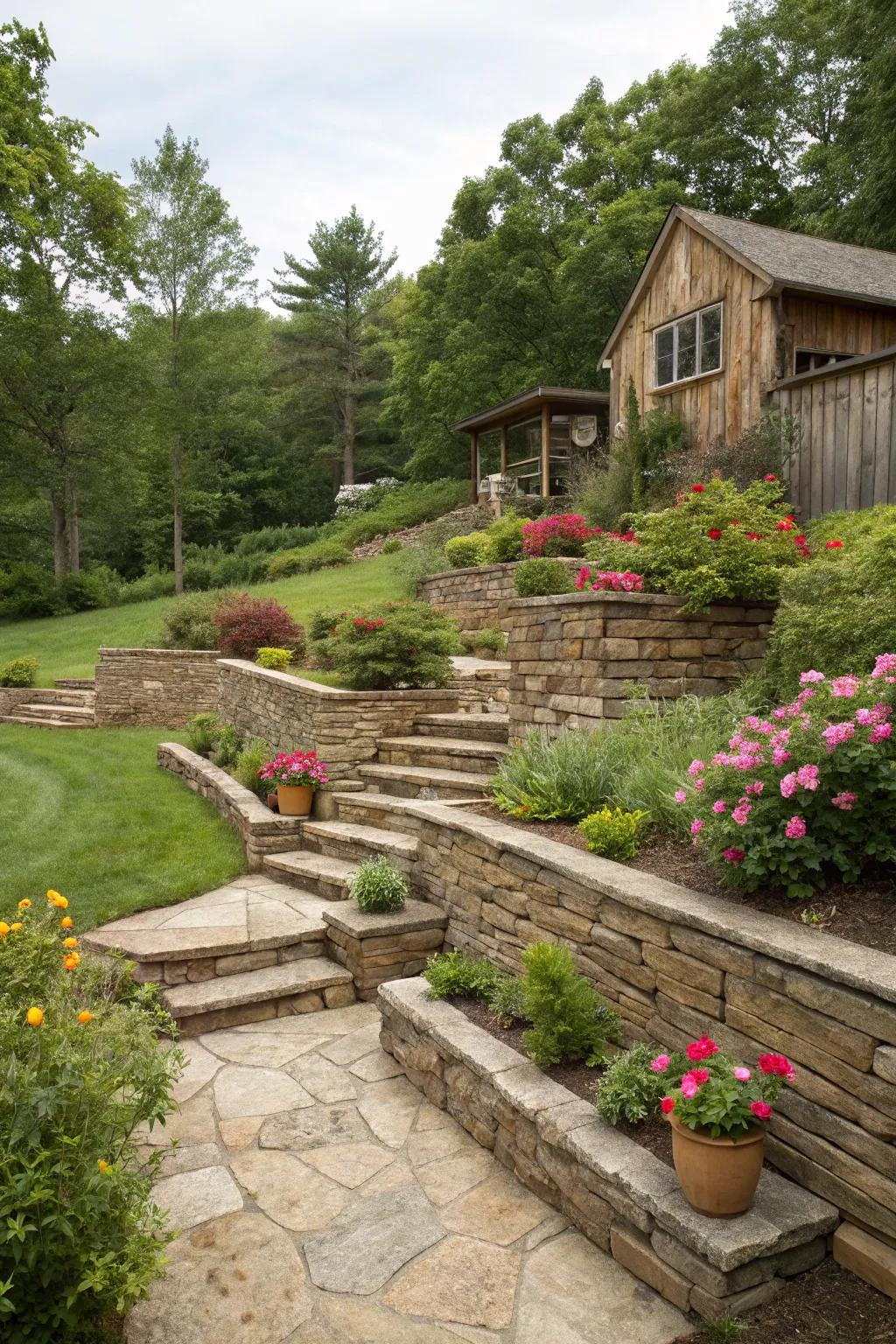 Terraced flower beds with stone retaining walls bring structure to a rustic backyard.