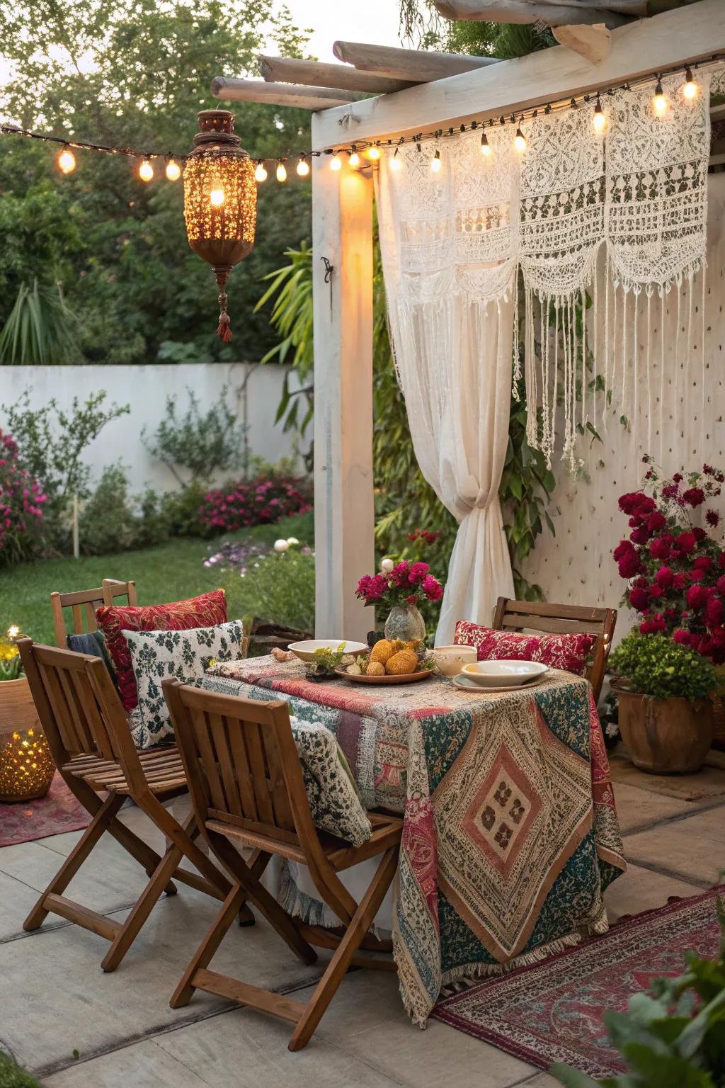 Bohemian decor adds a relaxed and inviting atmosphere to outdoor dining areas.