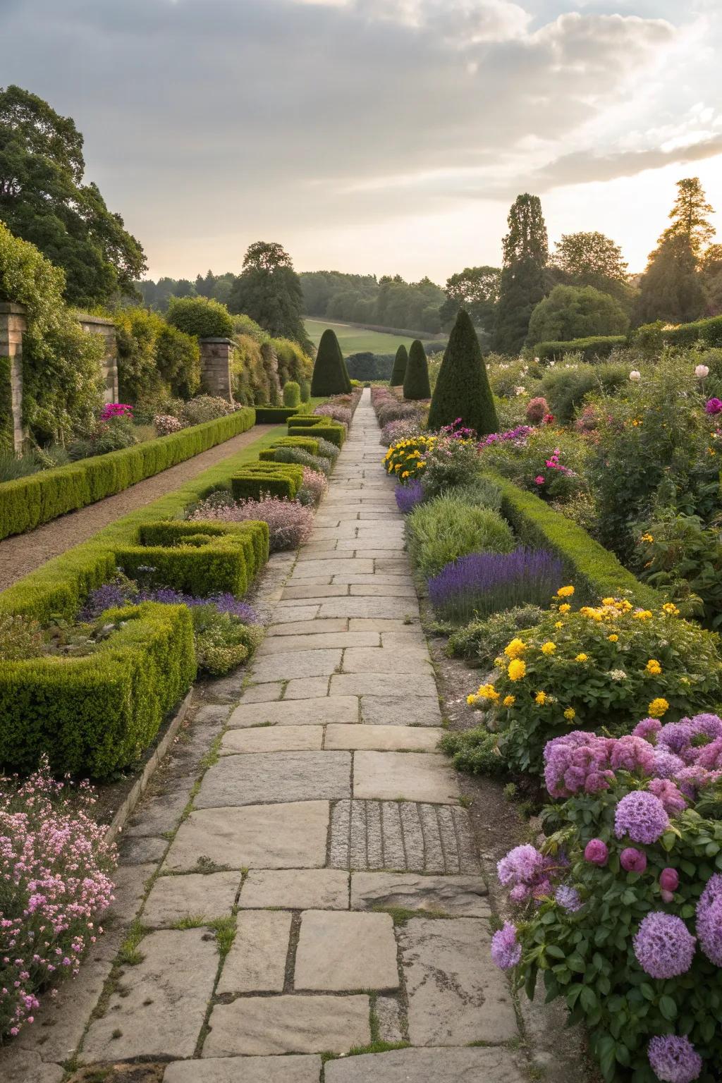 Formal stone pathways that lead you through a Victorian garden dream.