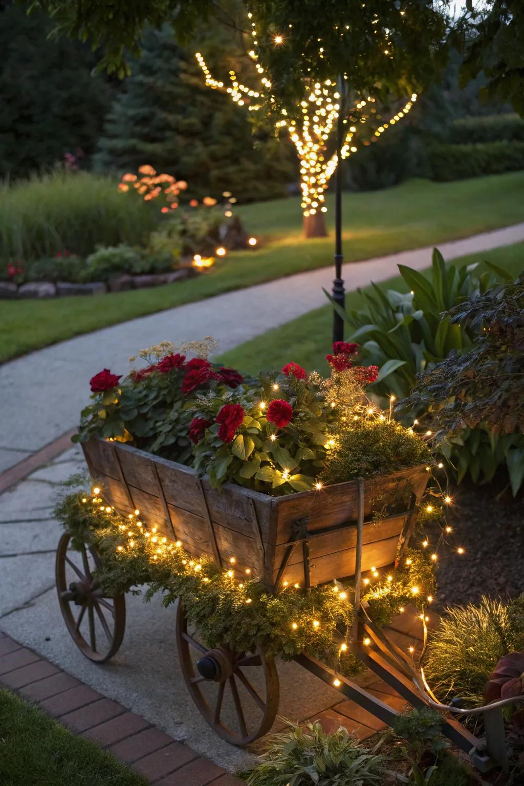A wagon planter with festive lights, turning the garden into a magical night-time wonderland.