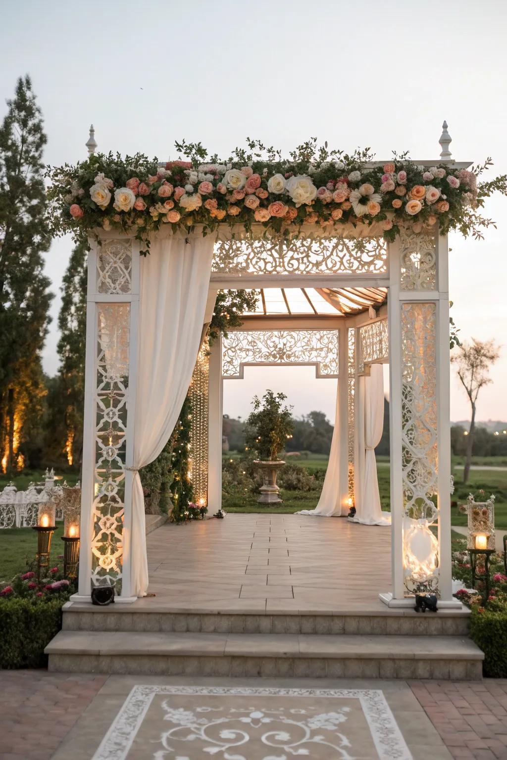 A pergola with a custom artistic backdrop.