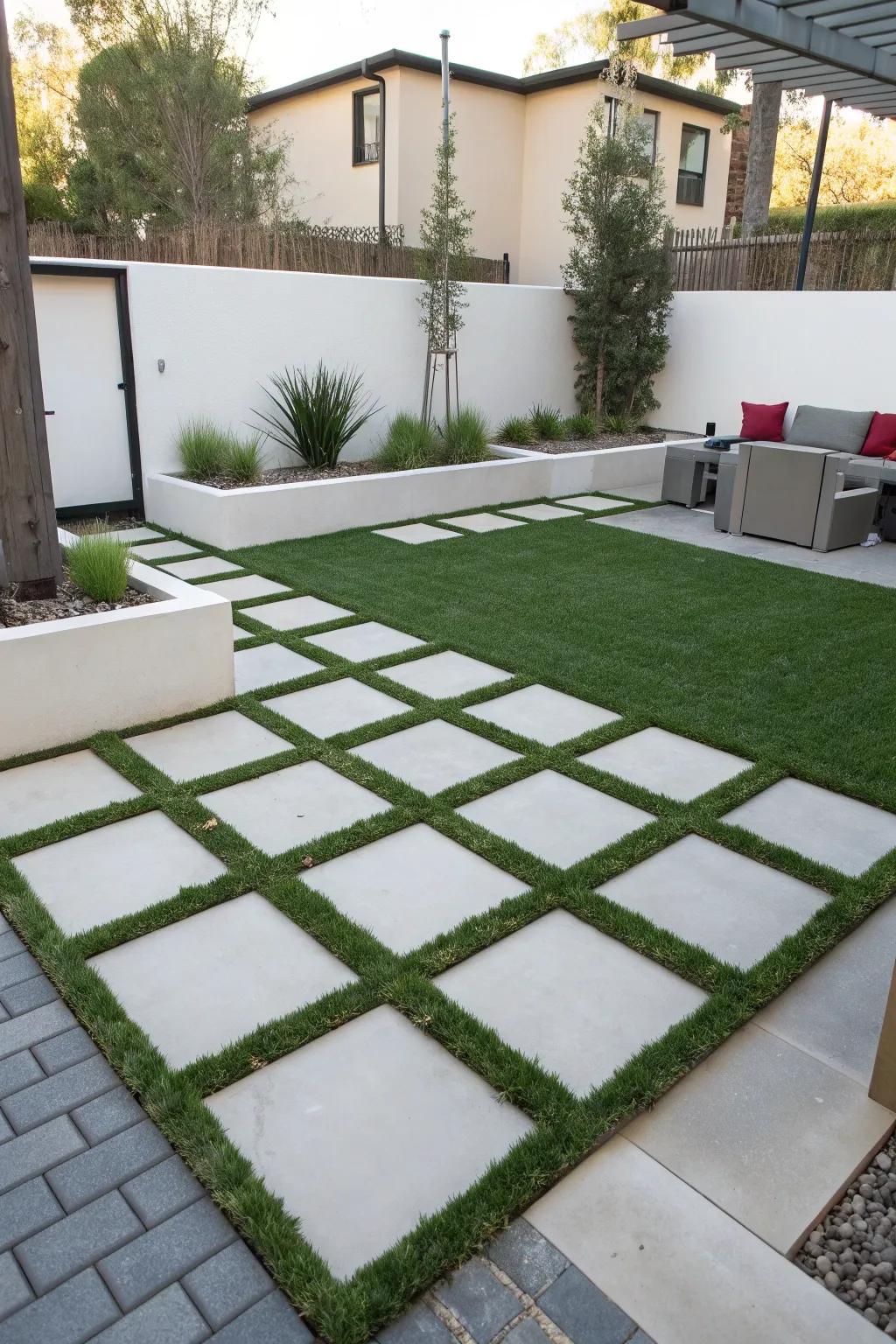 Geometric patterns of grass and pavers create a modern backyard look.