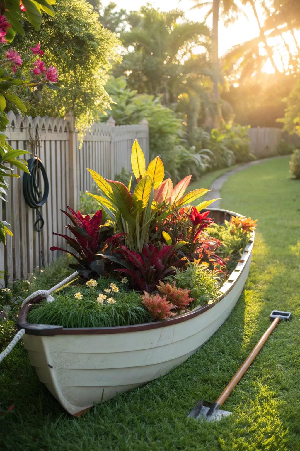 A tropical-themed boat planter bursting with exotic foliage.