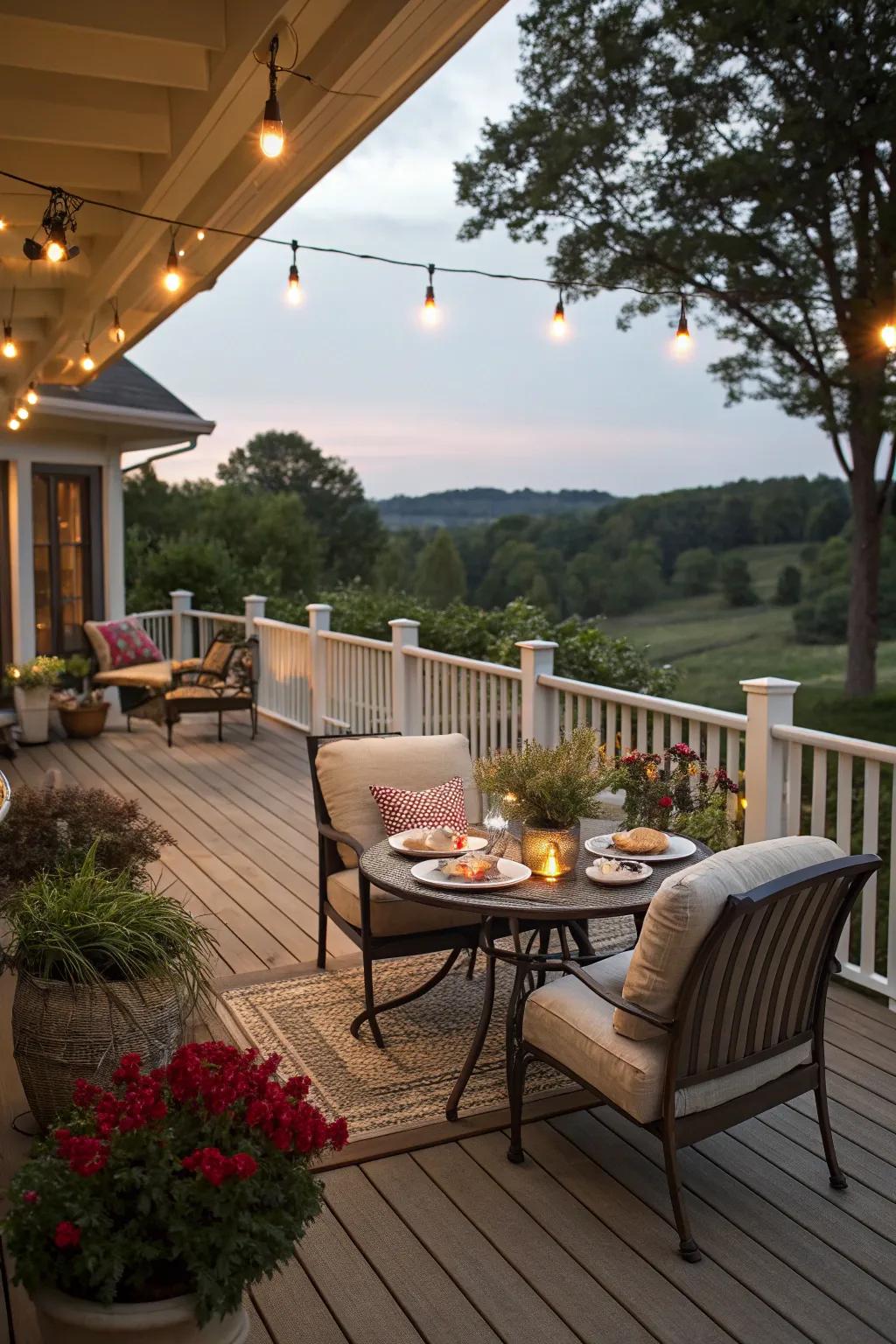 A welcoming outdoor living space for dining and relaxation.