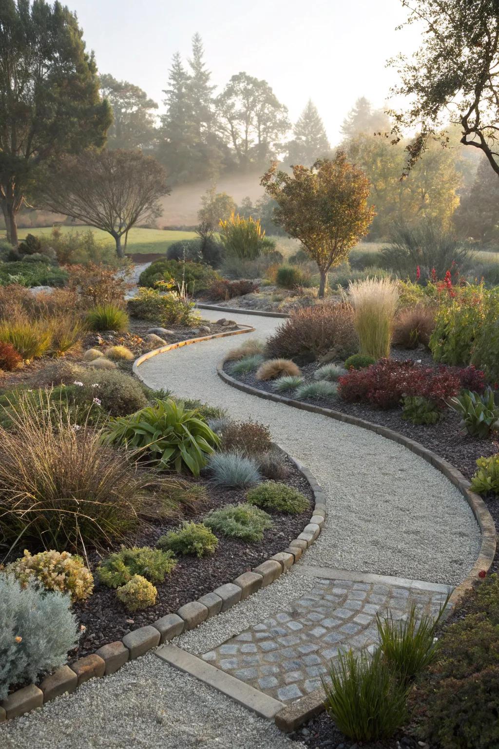 Modern gravel beds that conserve water and highlight plant beauty.
