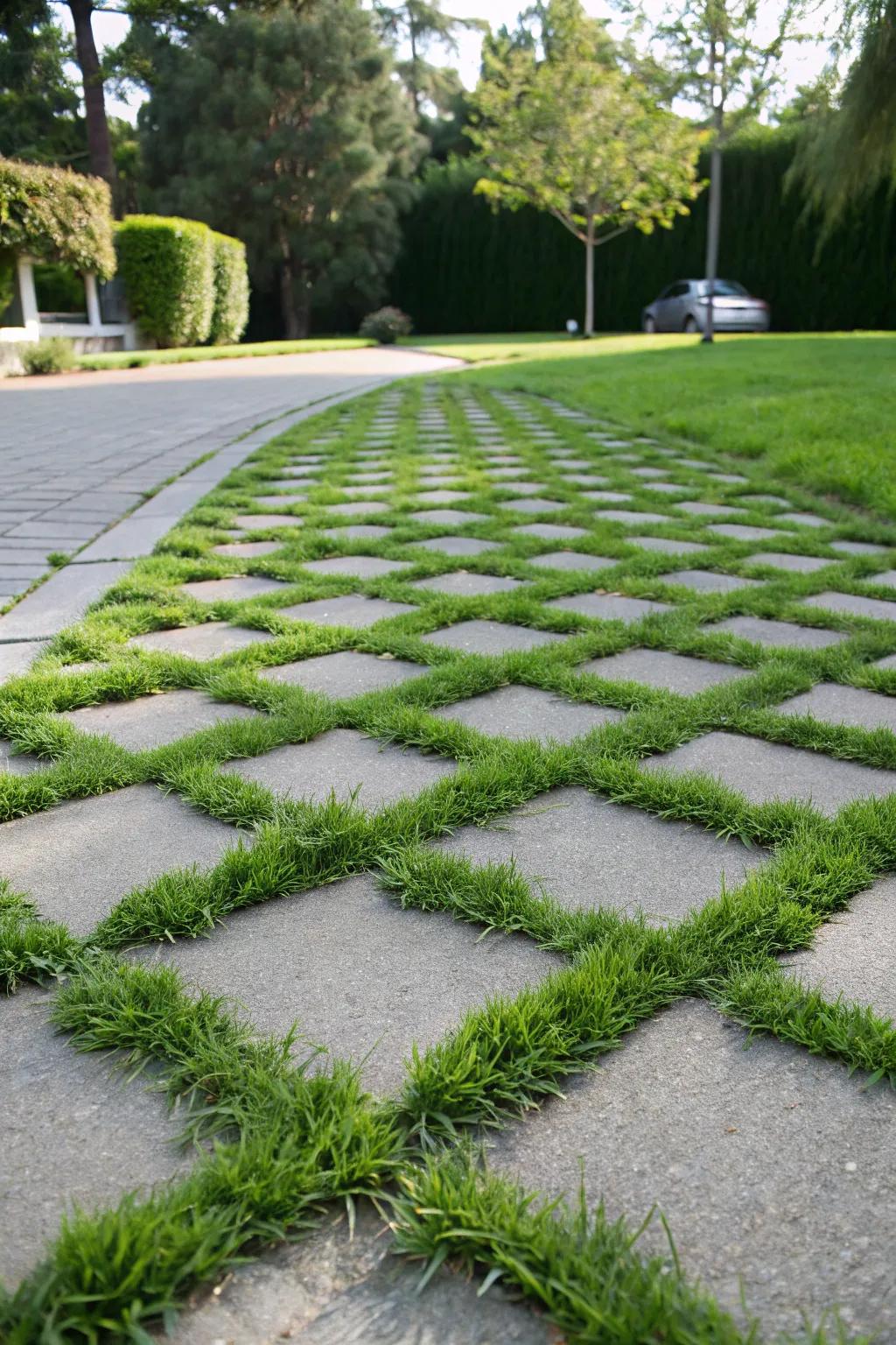 A close-up view of a driveway using grass pavers, where lush grass grows through each space.