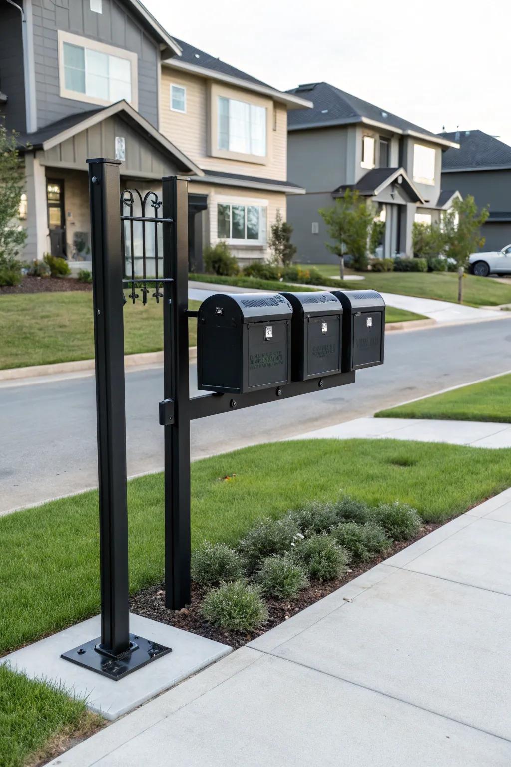 Contemporary flair with metal mailbox stands.