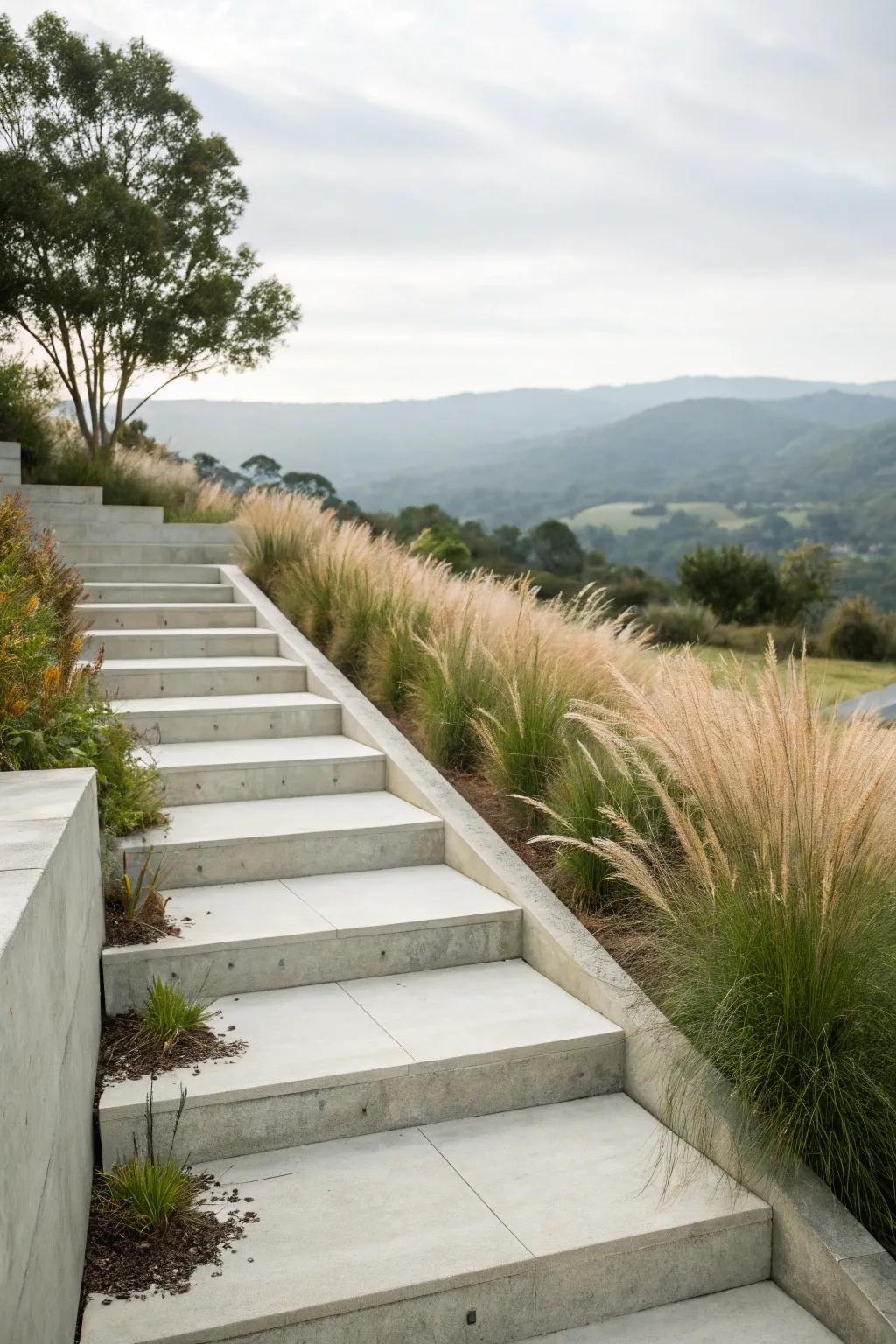 Sleek concrete steps with modern landscaping