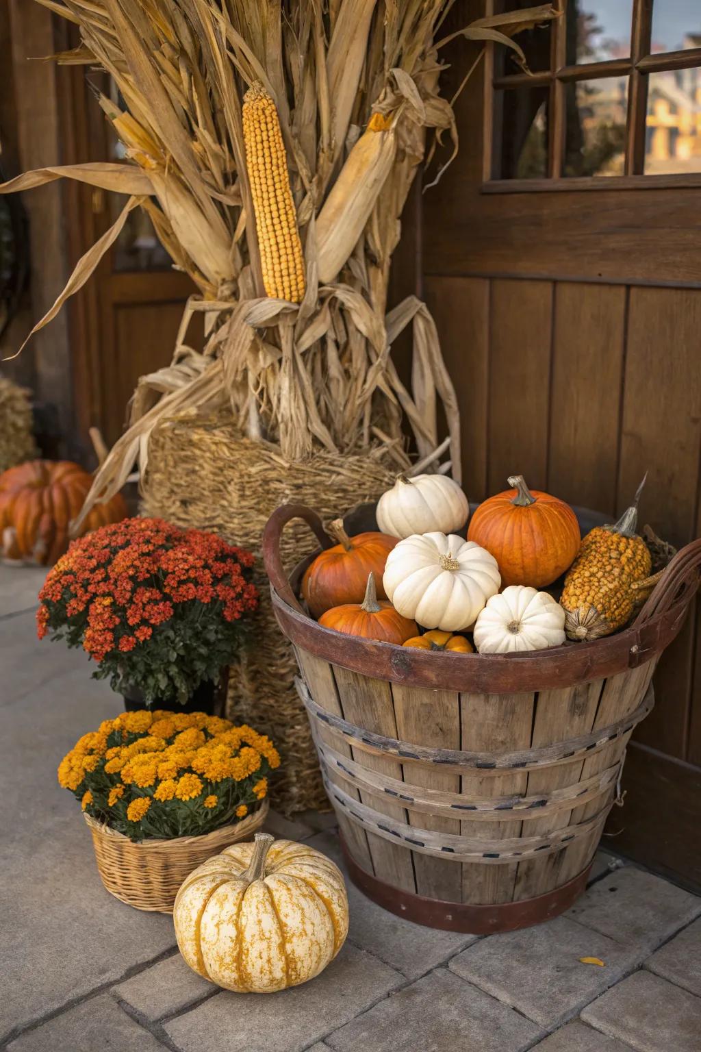 A bountiful basket arrangement with corn stalks and seasonal decor.