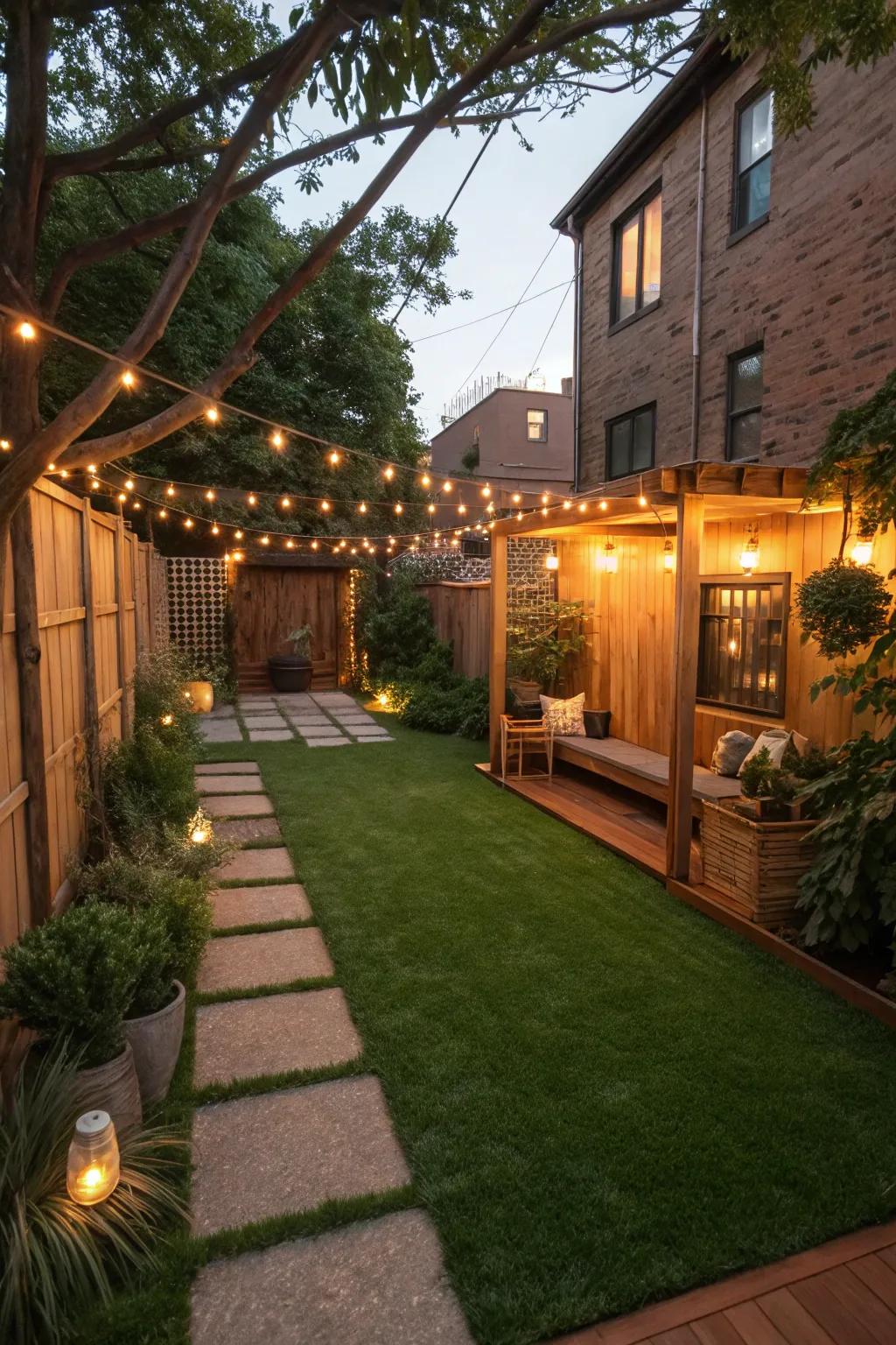 A beautifully lit backyard for enchanting nights.