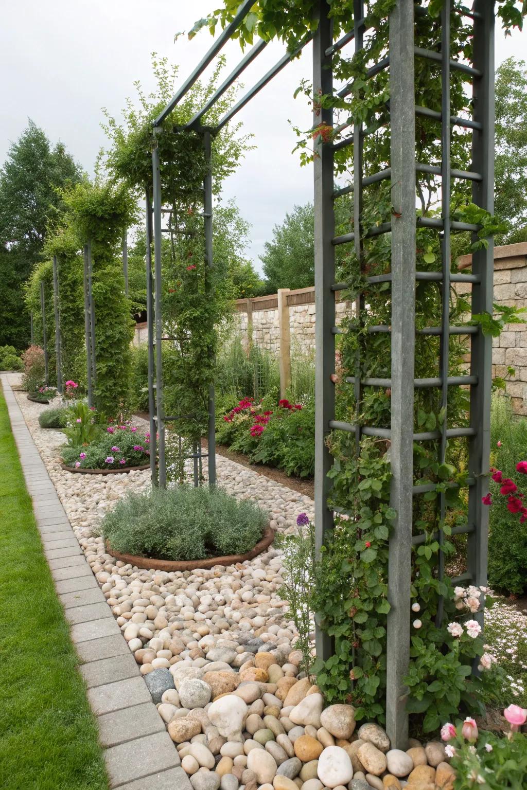 Pebbles enhance the base of vertical garden elements.