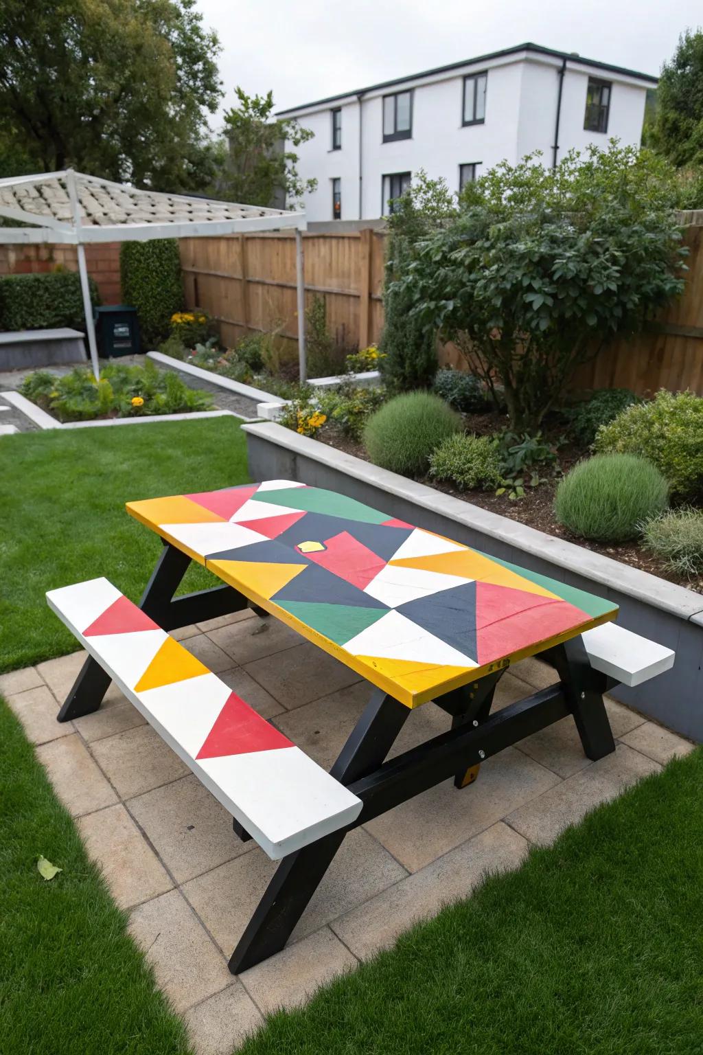 Geometric shapes add a modern flair to this picnic table.