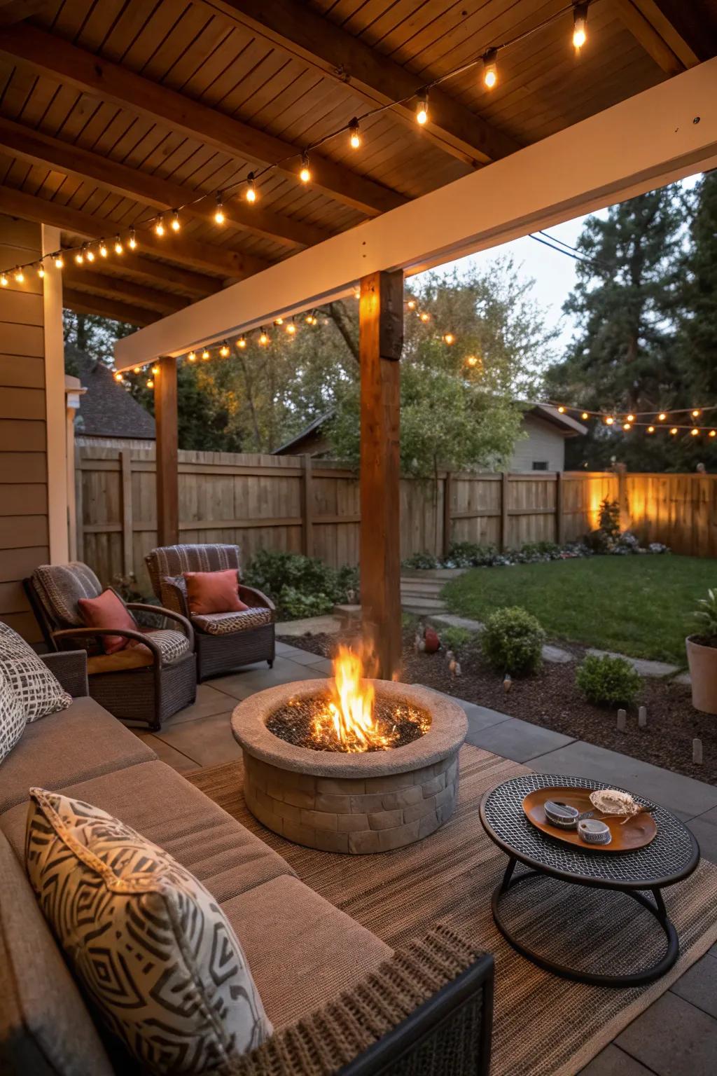 A fire pit lights up this porch, perfect for evening gatherings.