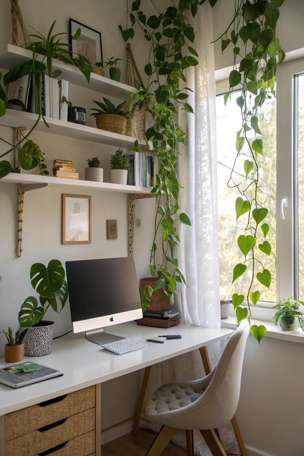 Pothos bring a calming presence to any workspace.
