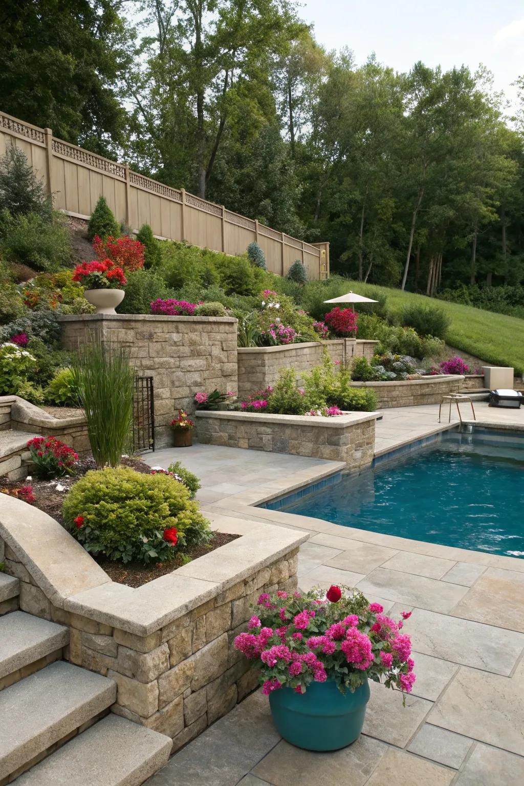 Integrated planters bring life to retaining wall spaces.