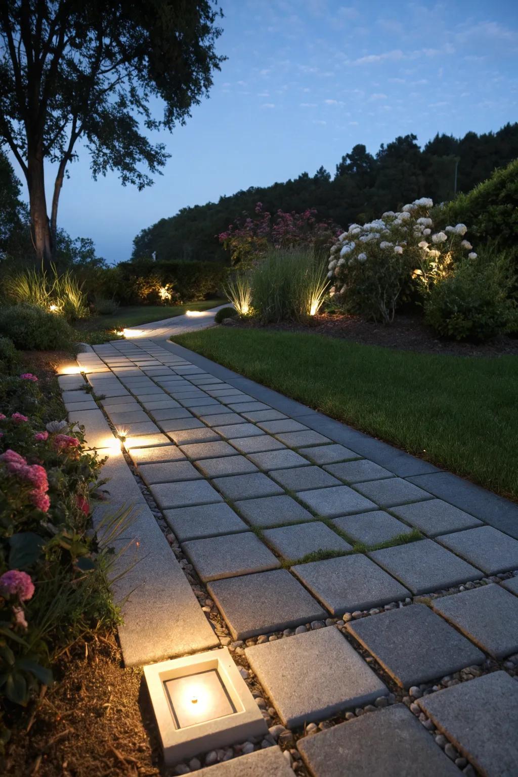 Lighting integrated with pavers creates a magical ambiance.
