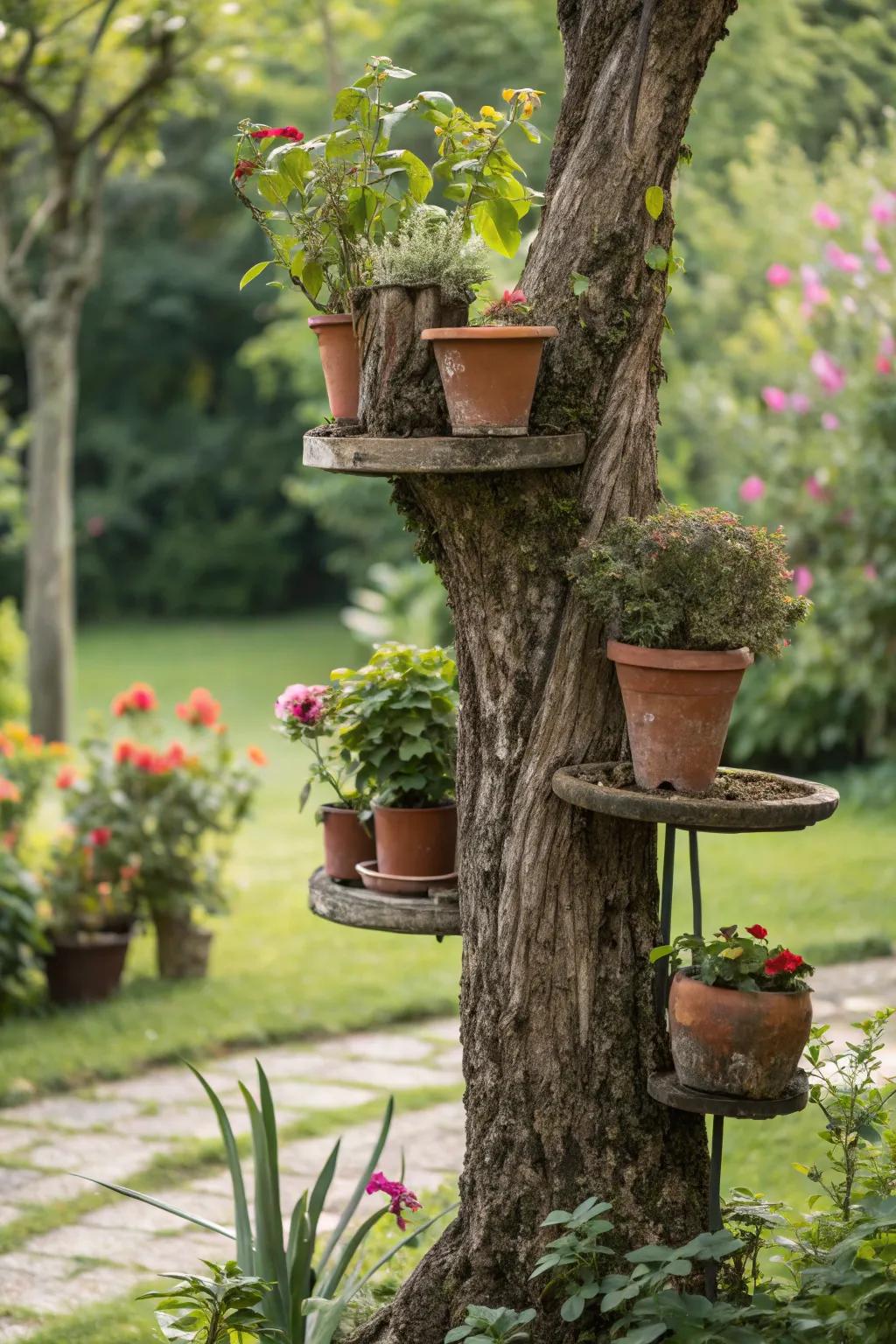 Elevate your plants using a tree trunk pot stand.