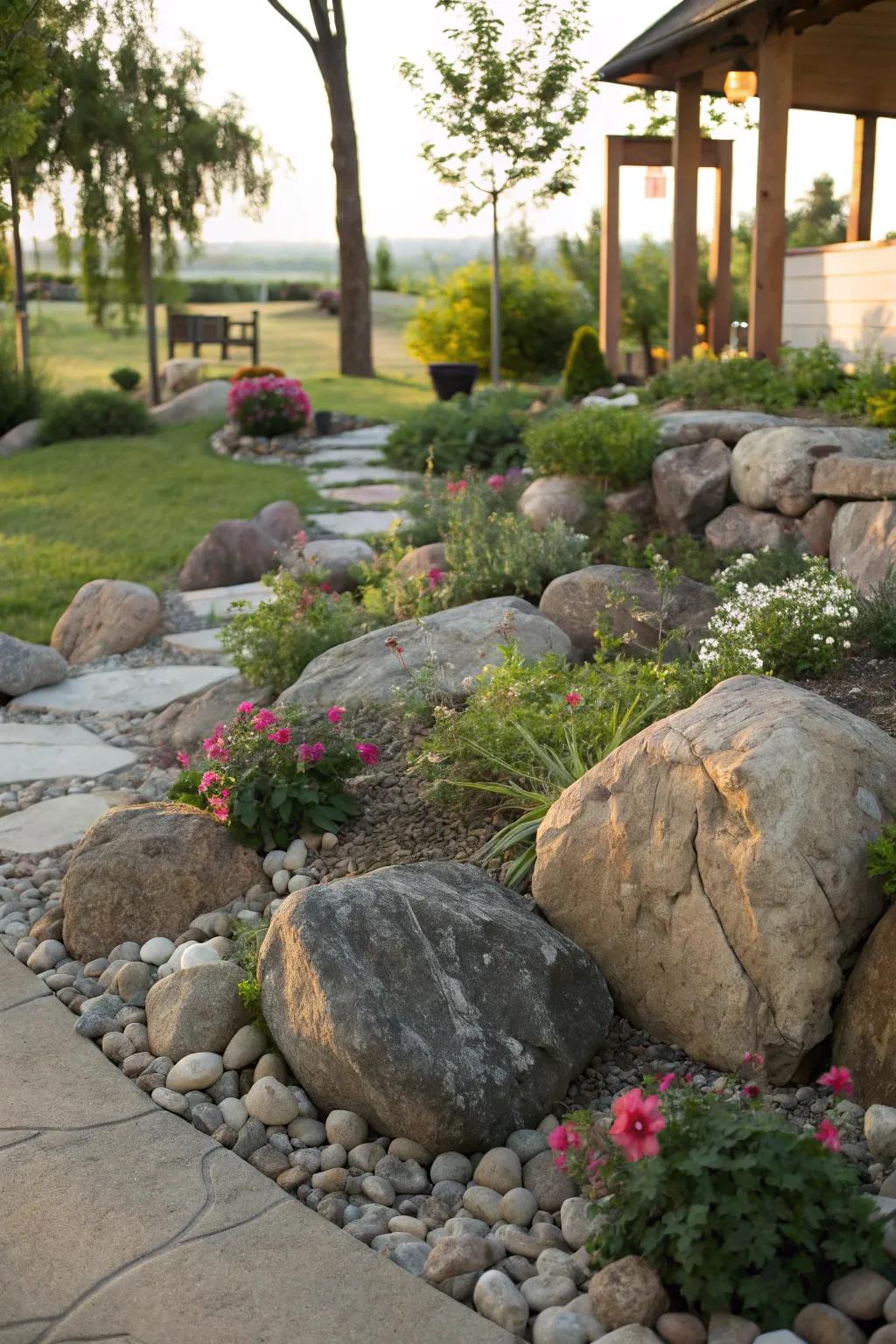 A rock garden that adds texture and contrast to a zone 9a landscape.