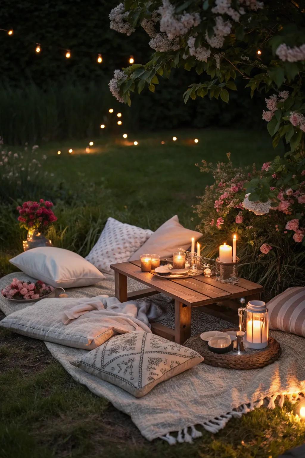 A romantic candlelit picnic with a magical ambiance.