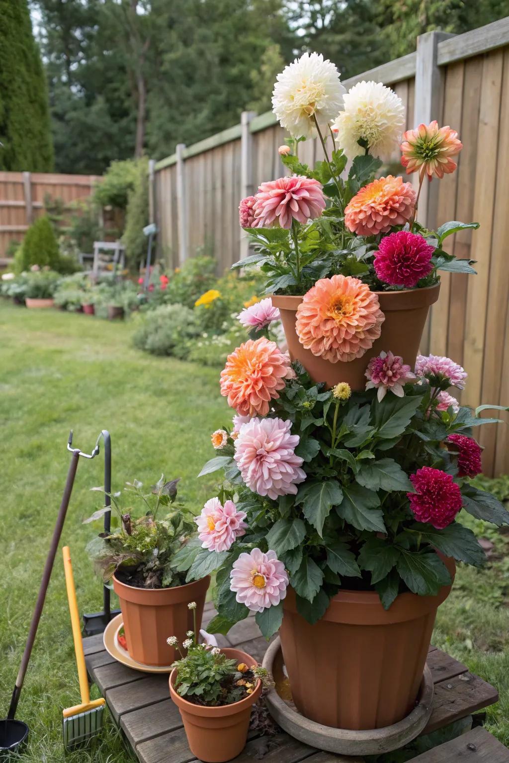 Tiered arrangement of various potted dinner plate dahlias in a lush backyard garden.