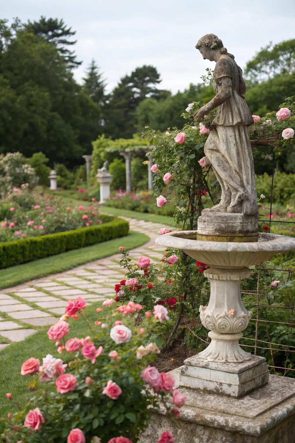Artistic elements enhance the charm of a rose garden.