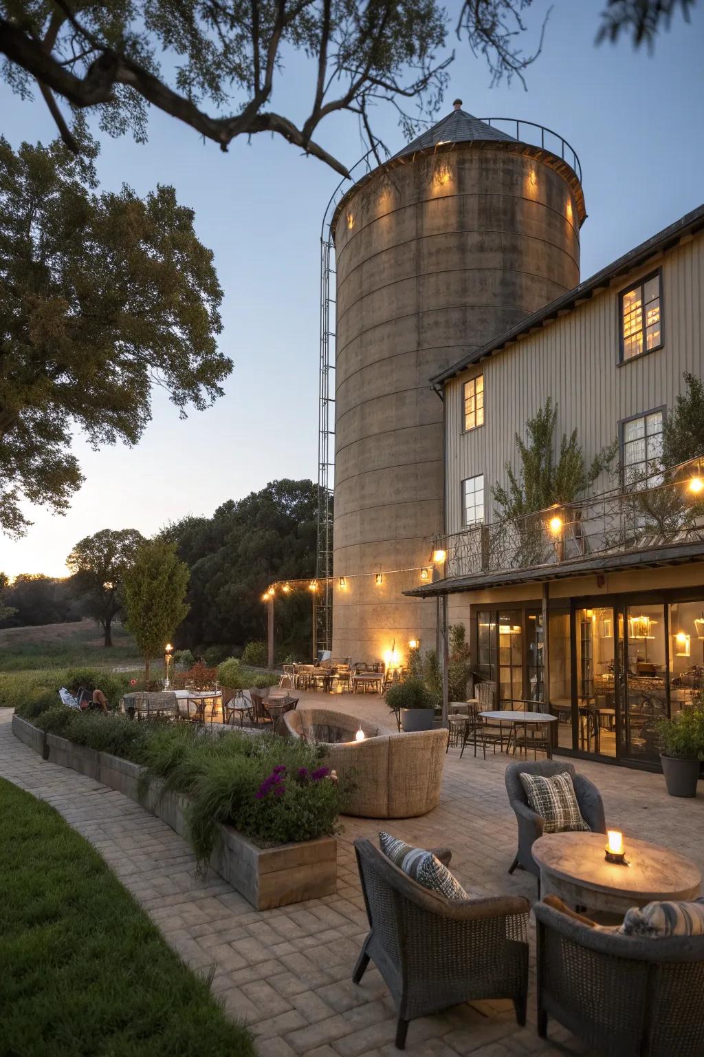 A silo hotel offers a one-of-a-kind stay with rustic charm and cozy comfort.