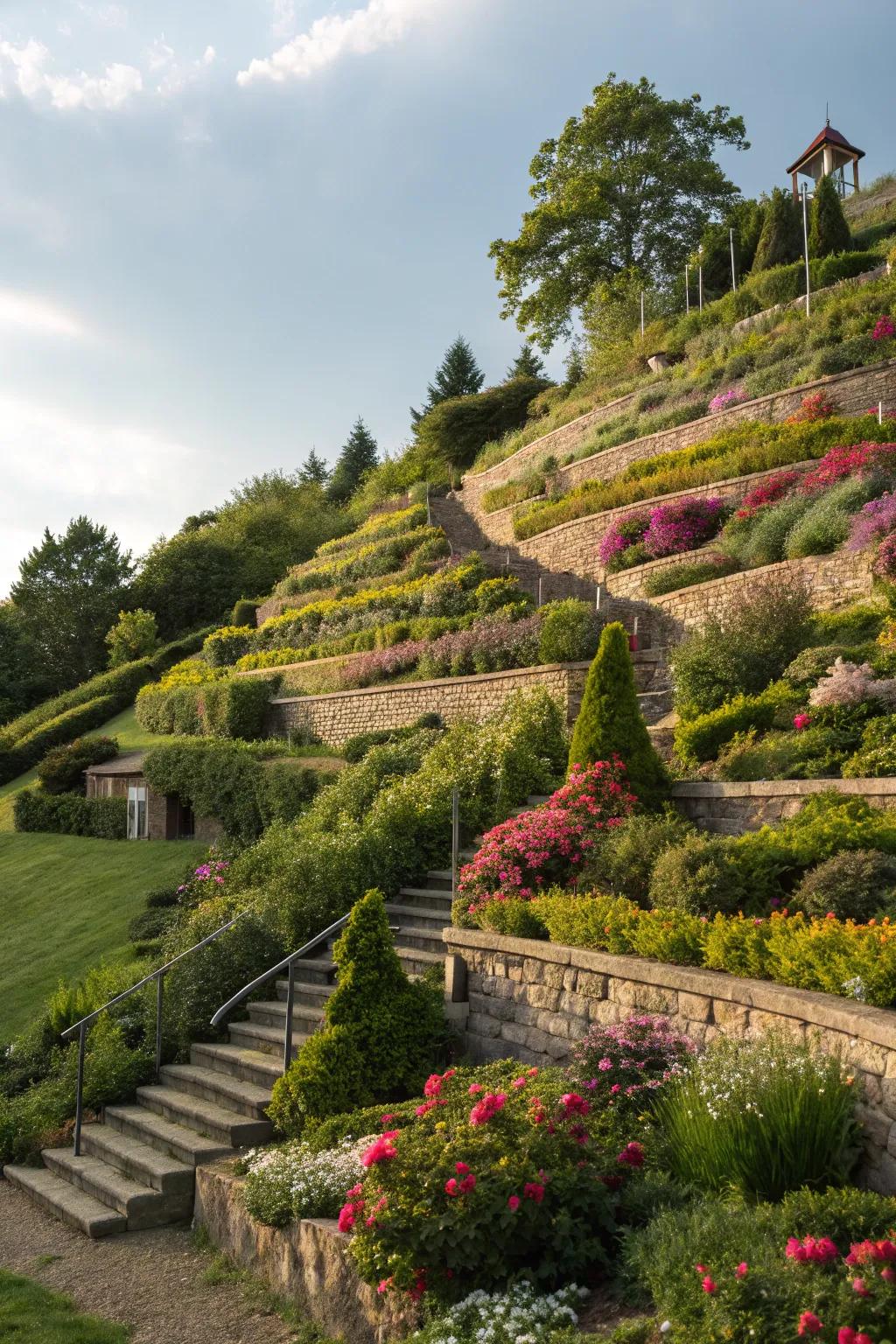 Garden terraces create flat planting areas on a hillside.