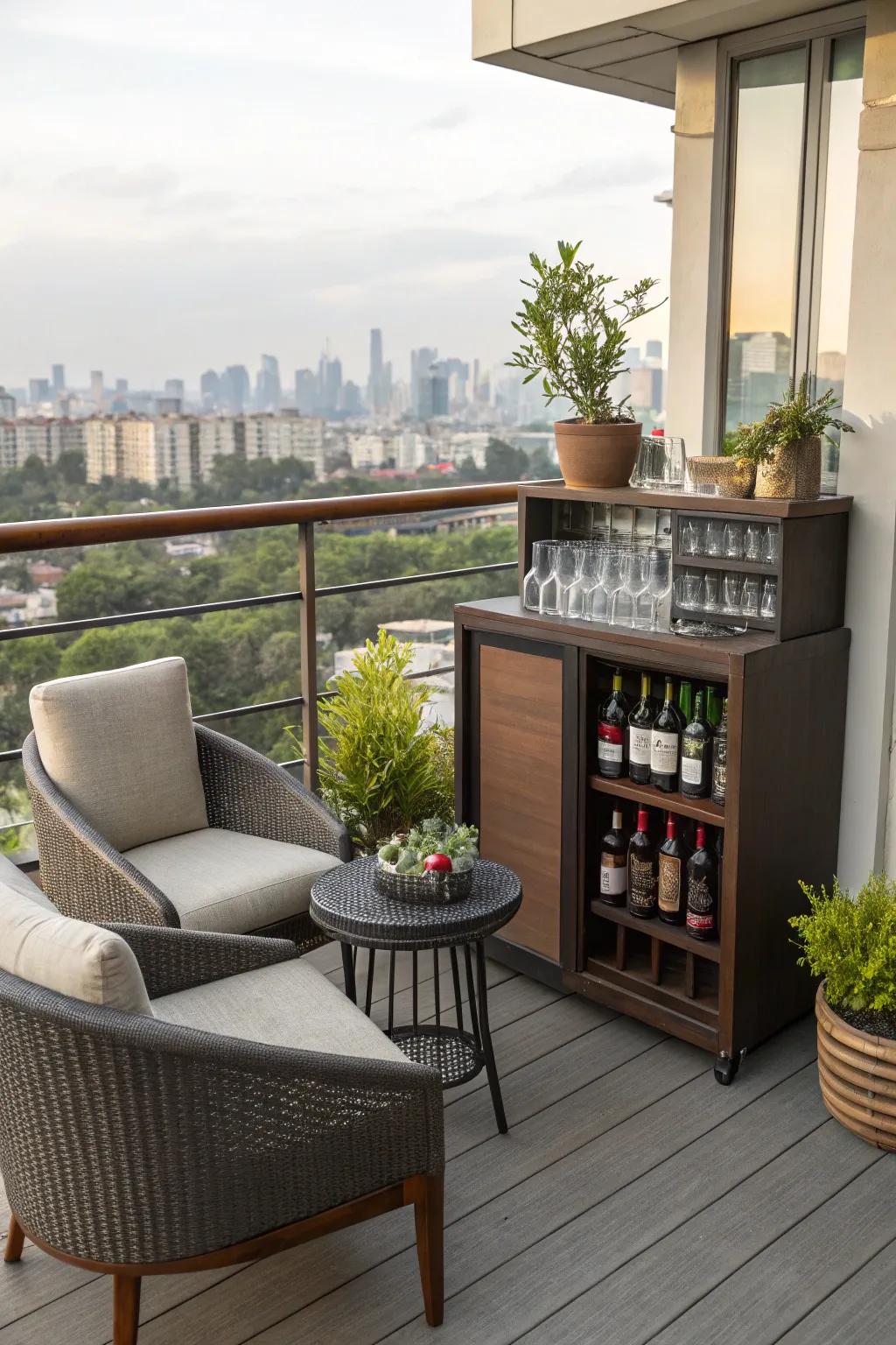A chic mini bar setup on a balcony for entertaining.