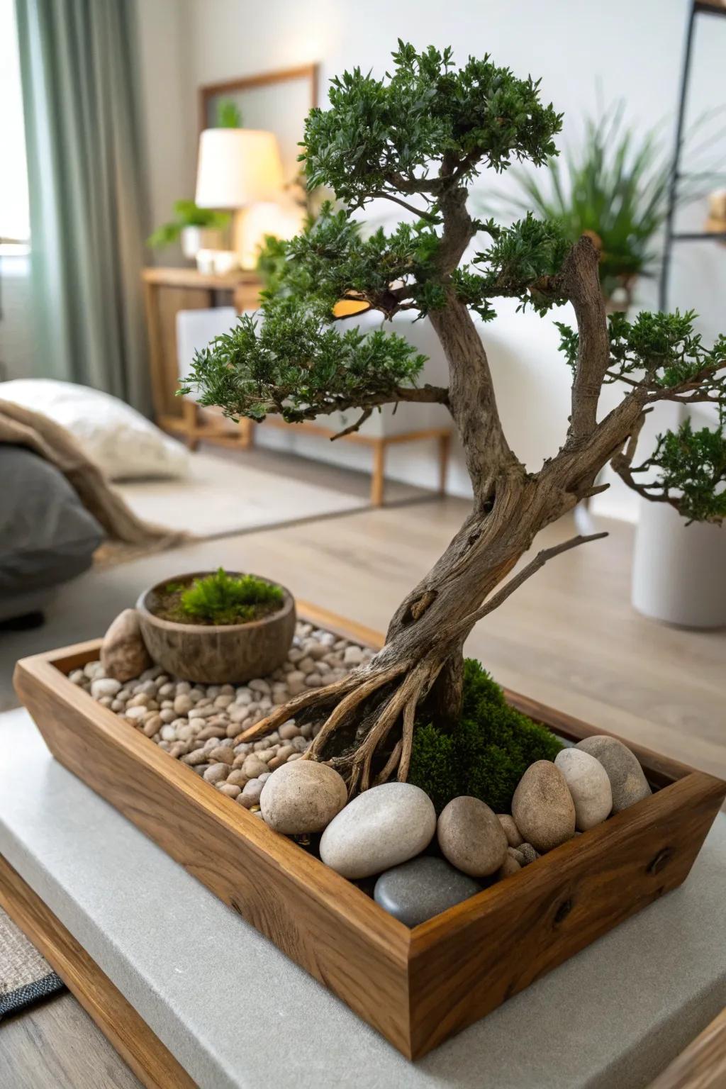 Incorporate natural elements for a serene bonsai display.