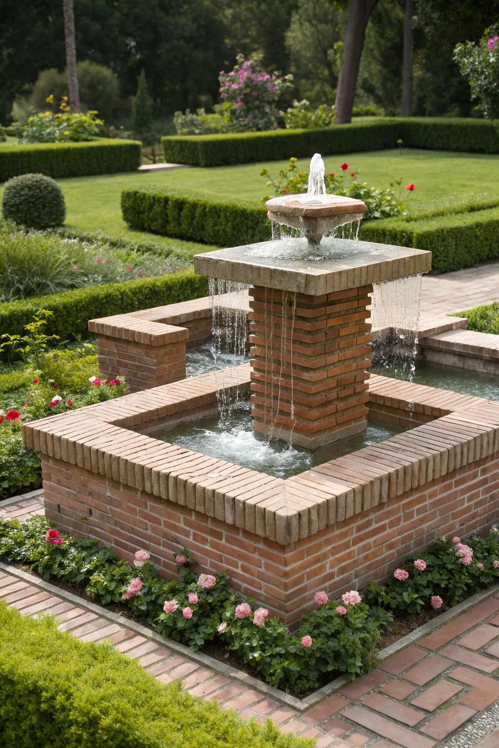 Geometric designs bring a modern twist to a brick fountain.