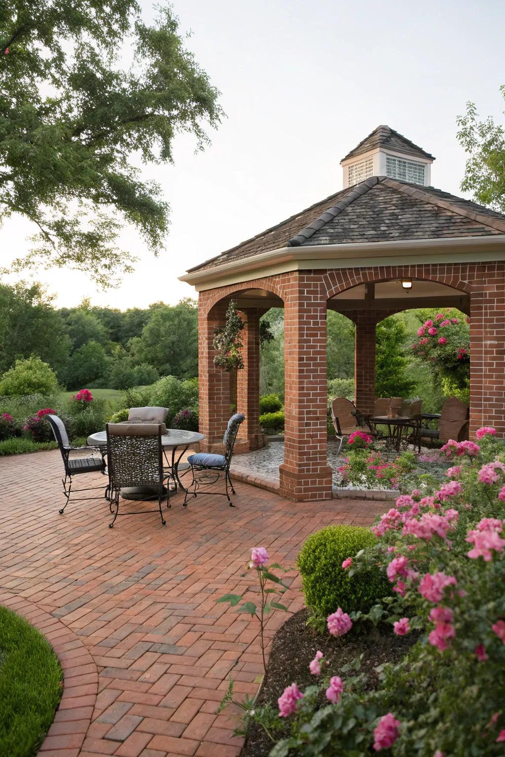 A brick patio sets the stage for this elegant and functional gazebo.