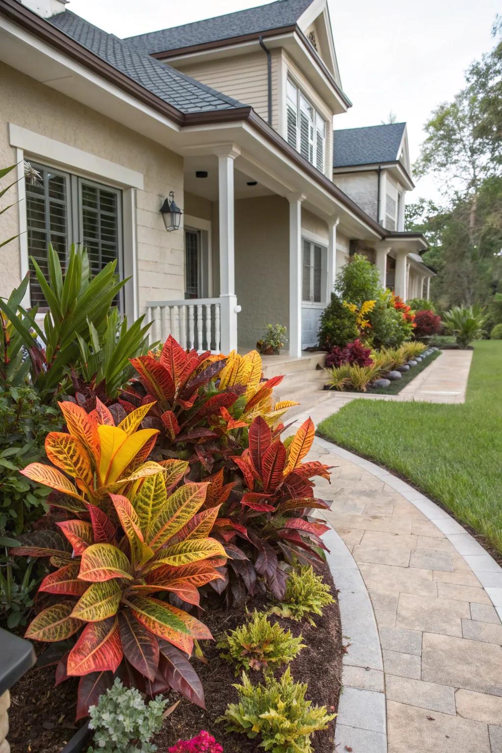 Enhance curb appeal with a symmetrical layout of vibrant crotons.