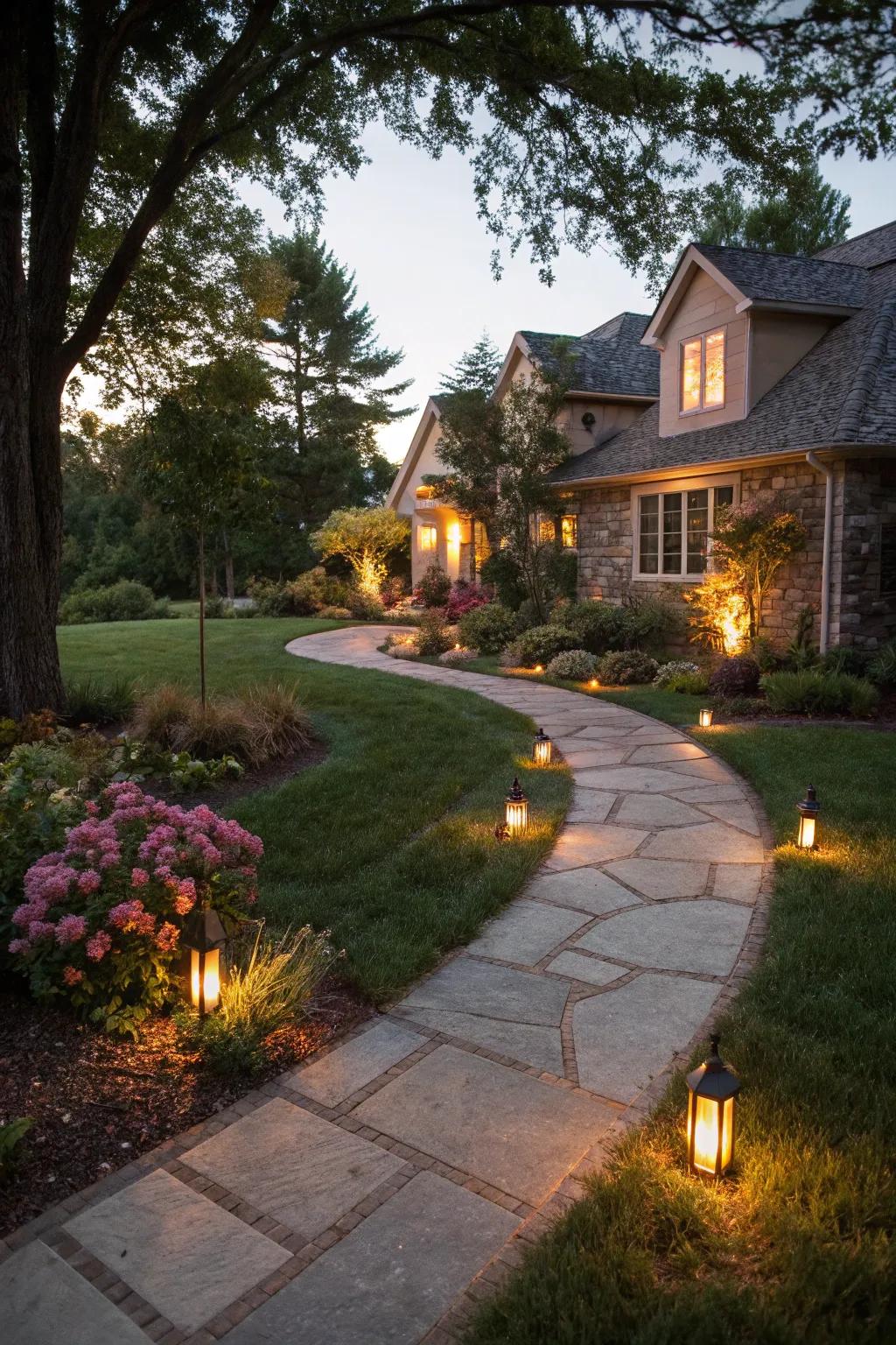 A front yard walkway beautifully illuminated by pathway lights.
