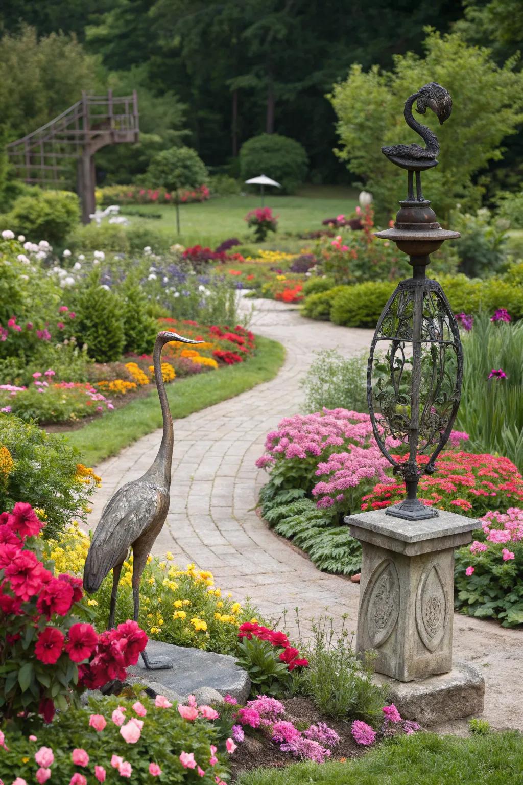 A creative garden with artistic sculptures adding personality.
