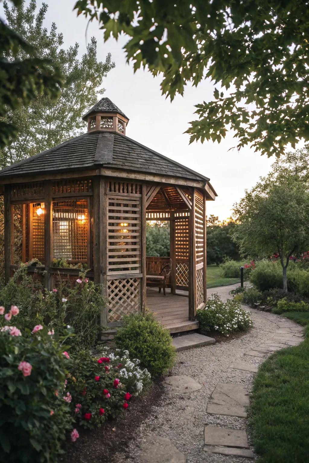 Wooden slats provide privacy and rustic charm.