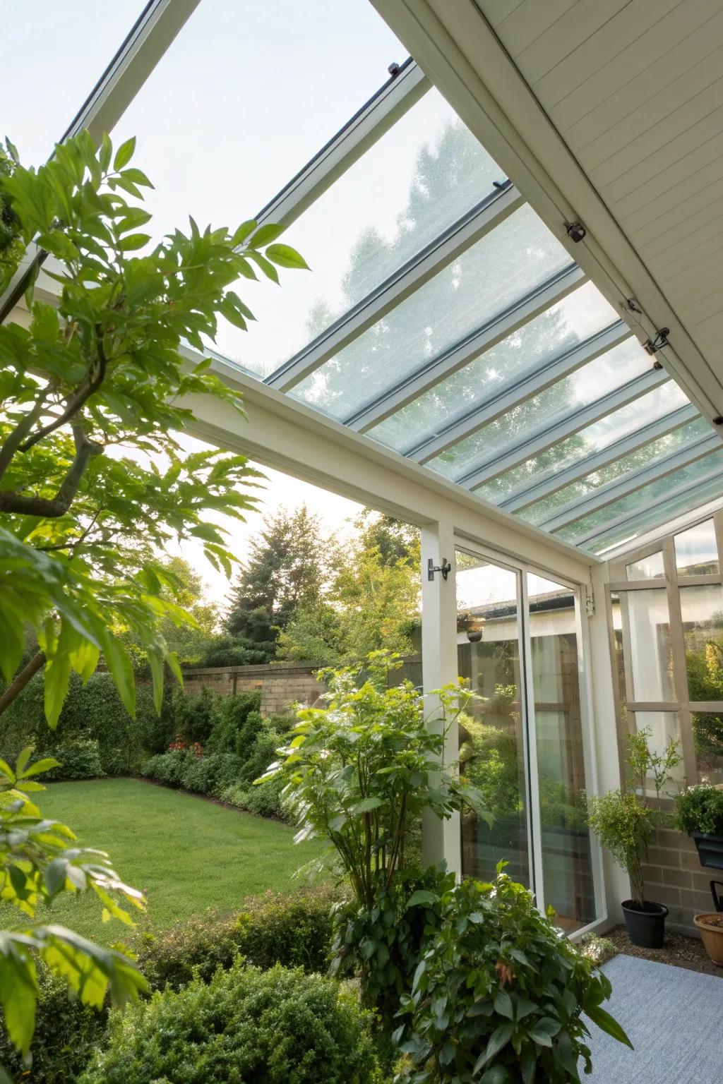 A glass patio cover with a skylight that enhances natural light.