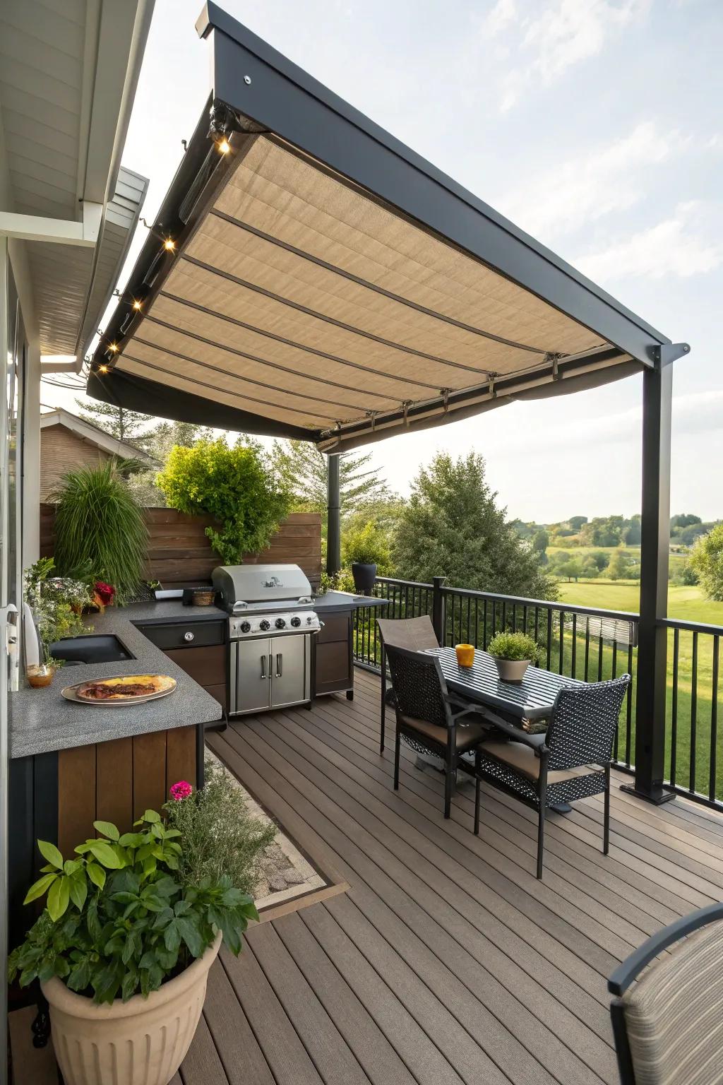 A deck with versatile shading for comfortable grilling.