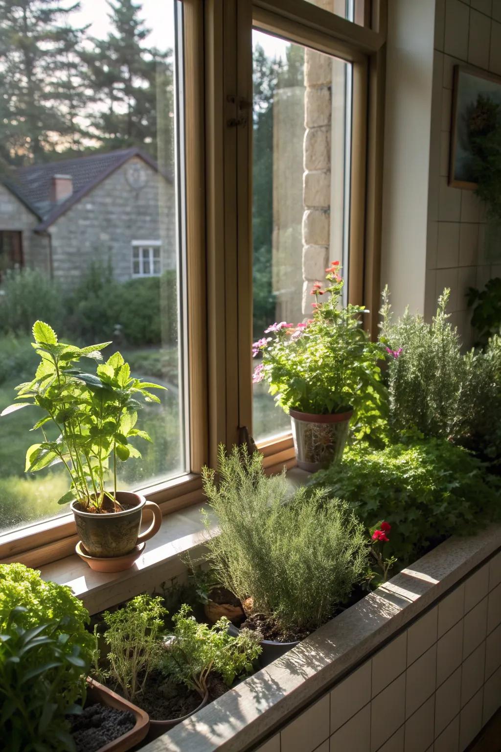 A sculptural plant arrangement creating a living art piece in a kitchen window.